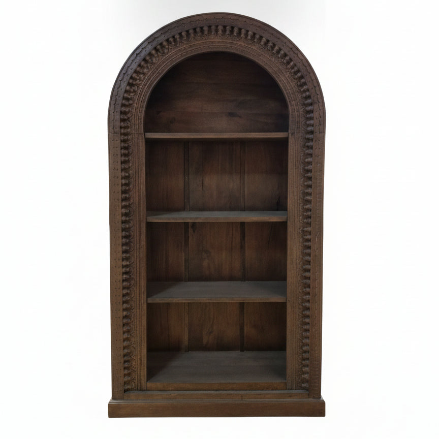 Handcrafted wooden display shelf with tribal-inspired carved details, featuring three spacious shelves for decor or storage, made from premium solid wood.