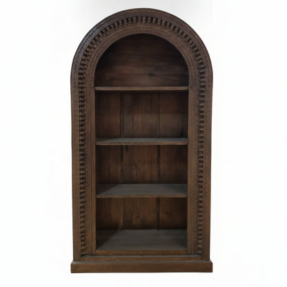 Handcrafted wooden display shelf with tribal-inspired carved details, featuring three spacious shelves for decor or storage, made from premium solid wood.