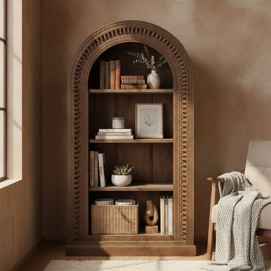 Wooden display shelf with intricate tribal carvings, featuring multiple shelves holding books, decorative vases, framed art, and woven baskets, placed in a cozy living space.
