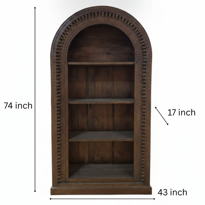 Handcrafted wooden display shelf with tribal-inspired carved details, featuring three spacious shelves for decor or storage, made from premium solid wood.