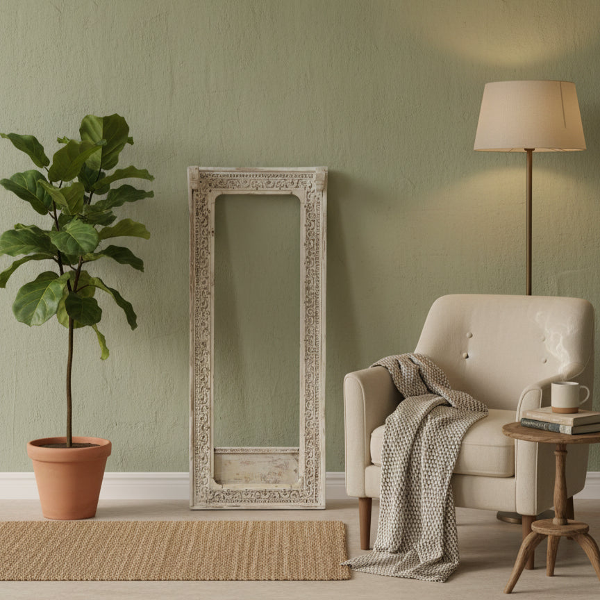 Ashva Wooden Mirror Frame with intricate carved wooden details, leaning against a sage green wall in a cozy living space featuring a cream armchair, floor lamp, and potted plant.