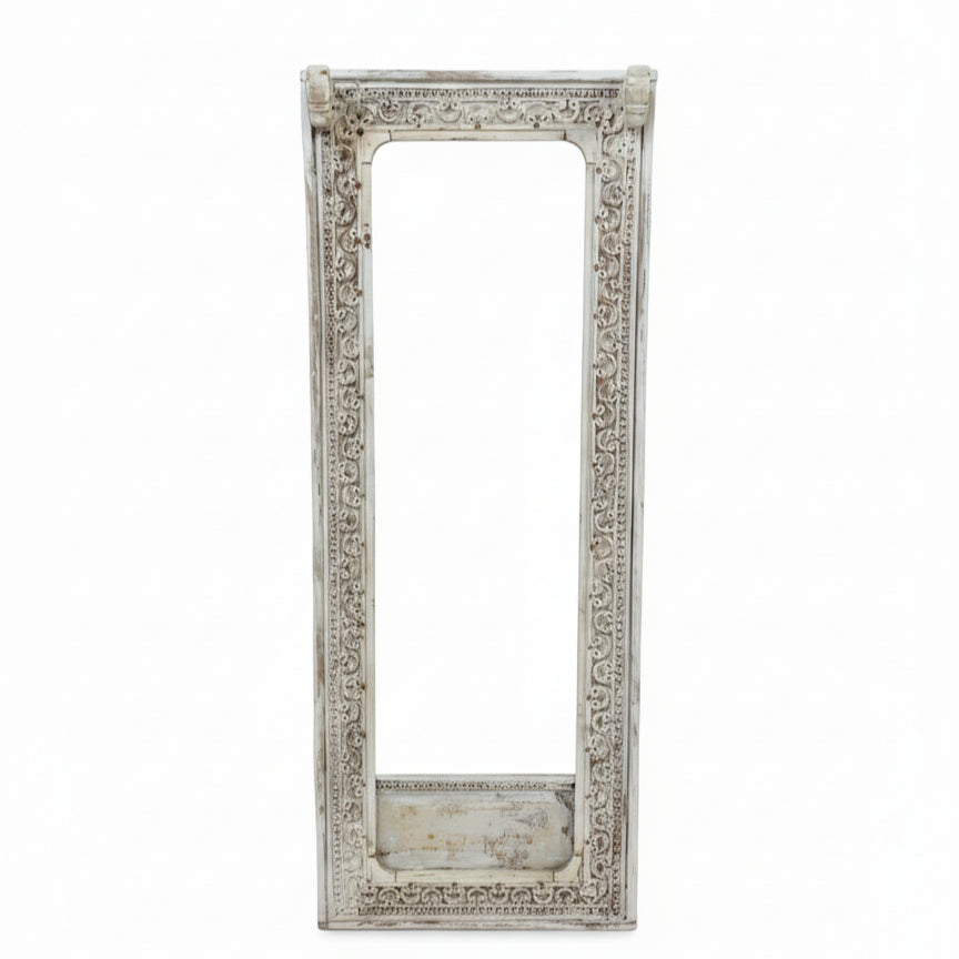 Ashva Wooden Mirror Frame featuring intricate carved wooden decor with a distressed finish, highlighting traditional tribal handicrafts style for elegant wall display.