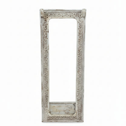 Ashva Wooden Mirror Frame featuring intricate carved wooden decor with a distressed finish, highlighting traditional tribal handicrafts style for elegant wall display.