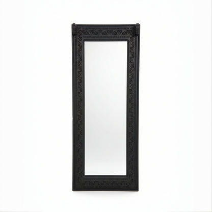 Ashva Wooden Mirror Frame with intricate carved wooden border in dark finish, showcasing elegant tribal handicrafts style for unique wall decor.