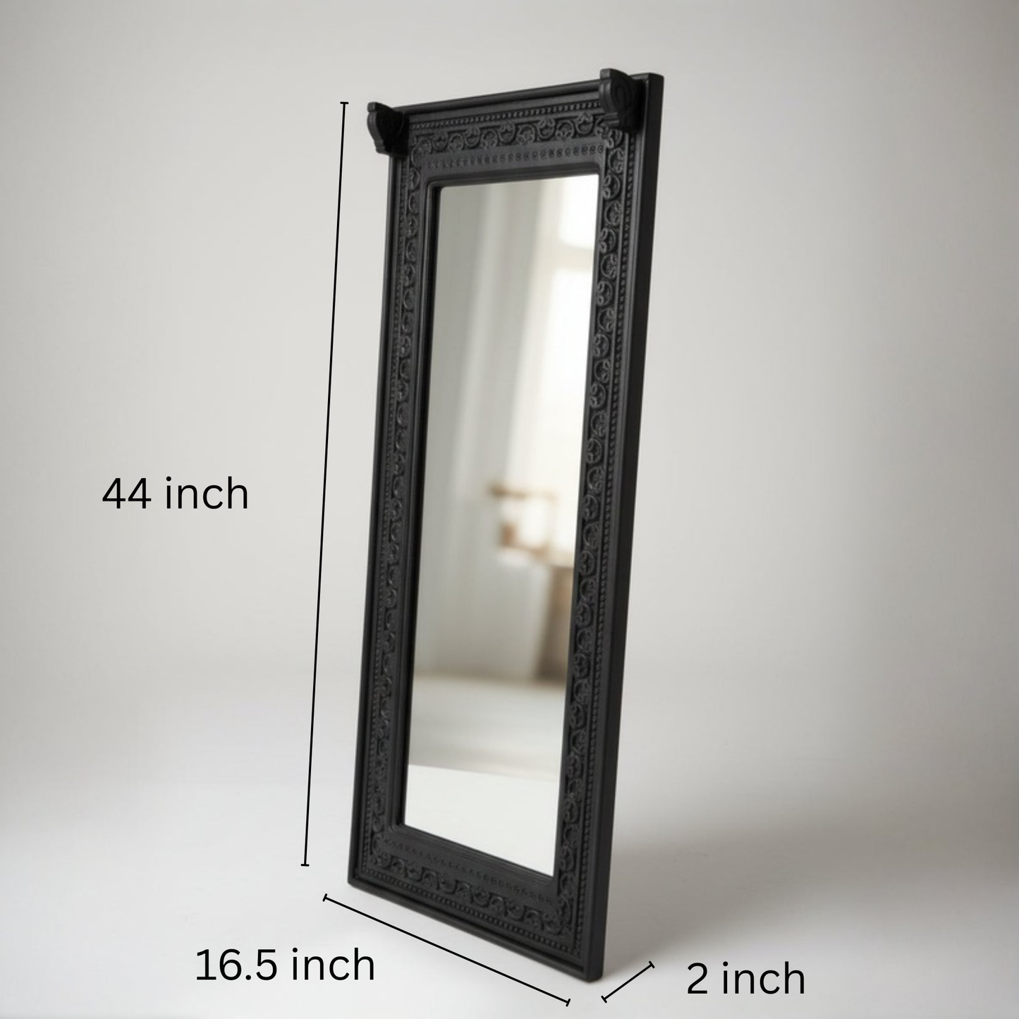 Ashva Wooden Mirror Frame in black with intricately carved wooden border, showcasing a traditional tribal handicraft design perfect for elegant home decor.