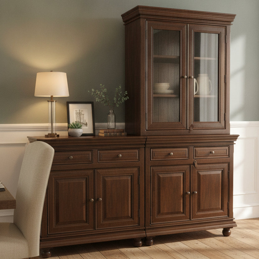 Elegant wooden display cabinet with glass doors and multiple drawers, showcasing handcrafted tribal decor in a warm, inviting living space.