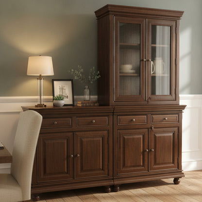 Elegant wooden display cabinet with glass doors and multiple drawers, showcasing handcrafted tribal decor in a warm, inviting living space.