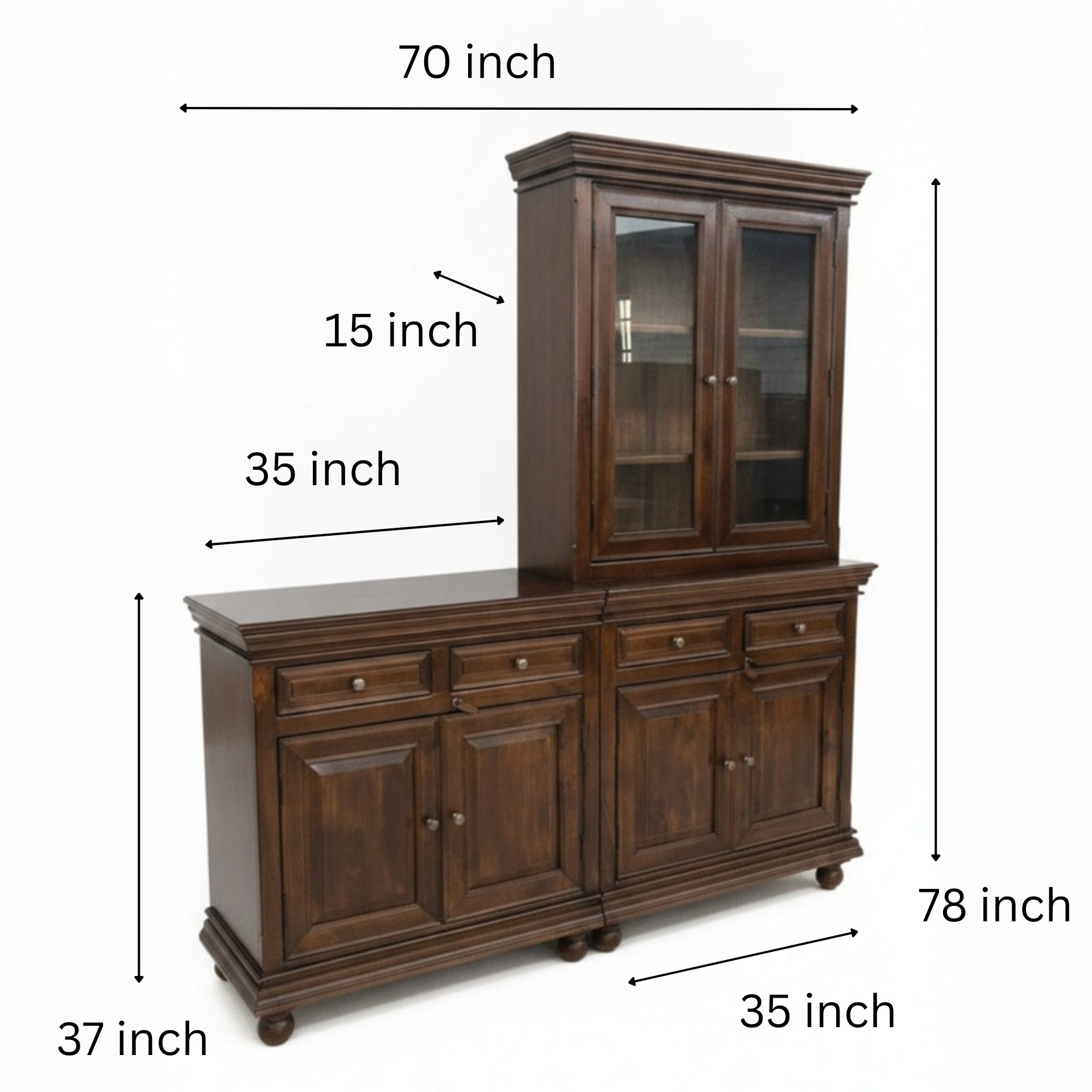 Elegant wooden display cabinet with rich dark finish, featuring glass-paneled upper doors and multiple drawers and cupboards, showcasing handcrafted tribal decor style.