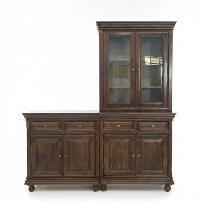 Azul Display Cabinet featuring a wooden handcrafted design with lower storage drawers and cabinets, and an upper glass-paneled shelving unit for elegant decor display.