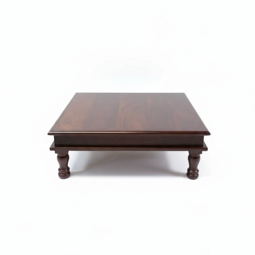 Bajot Chowki Floor Pedestal in dark polished wood with a simple, sturdy design featuring turned legs, ideal for traditional decor and handcrafted wooden handicraft accents.