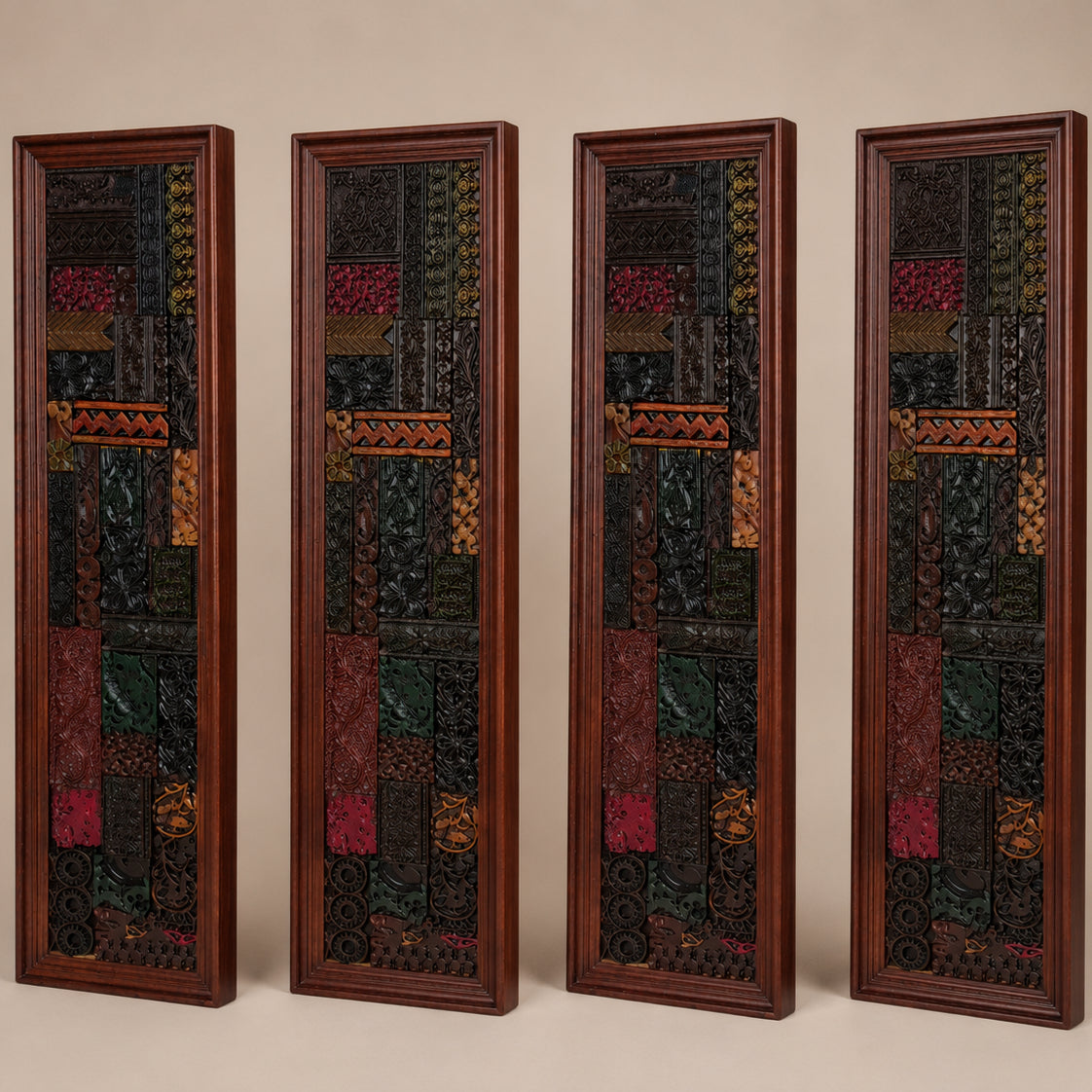 Set of four tall wooden mosaic wall panels featuring intricate tribal handicraft designs in dark earthy tones with red, orange, and green accents, perfect for decor.