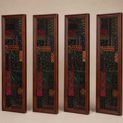 Set of four tall wooden mosaic wall panels featuring intricate tribal handicraft designs in dark earthy tones with red, orange, and green accents, perfect for decor.
