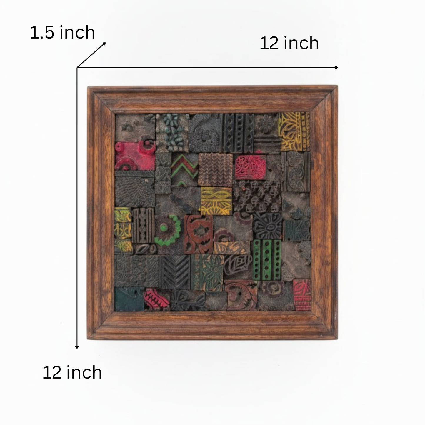 Square wooden mosaic wall art featuring handcrafted tribal-inspired blocks in various colors and patterns within a rich wooden frame, perfect for decorative home accents.