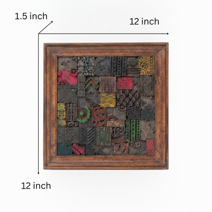 Square wooden mosaic wall art featuring handcrafted tribal-inspired blocks in various colors and patterns within a rich wooden frame, perfect for decorative home accents.