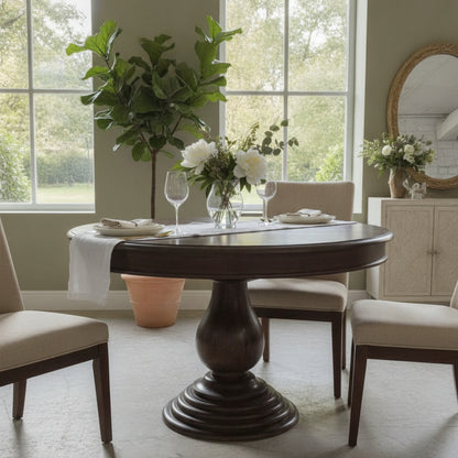 Elegant round dining table in rich dark wood with a sturdy pedestal base, surrounded by beige upholstered chairs in a softly lit room featuring natural decor accents.