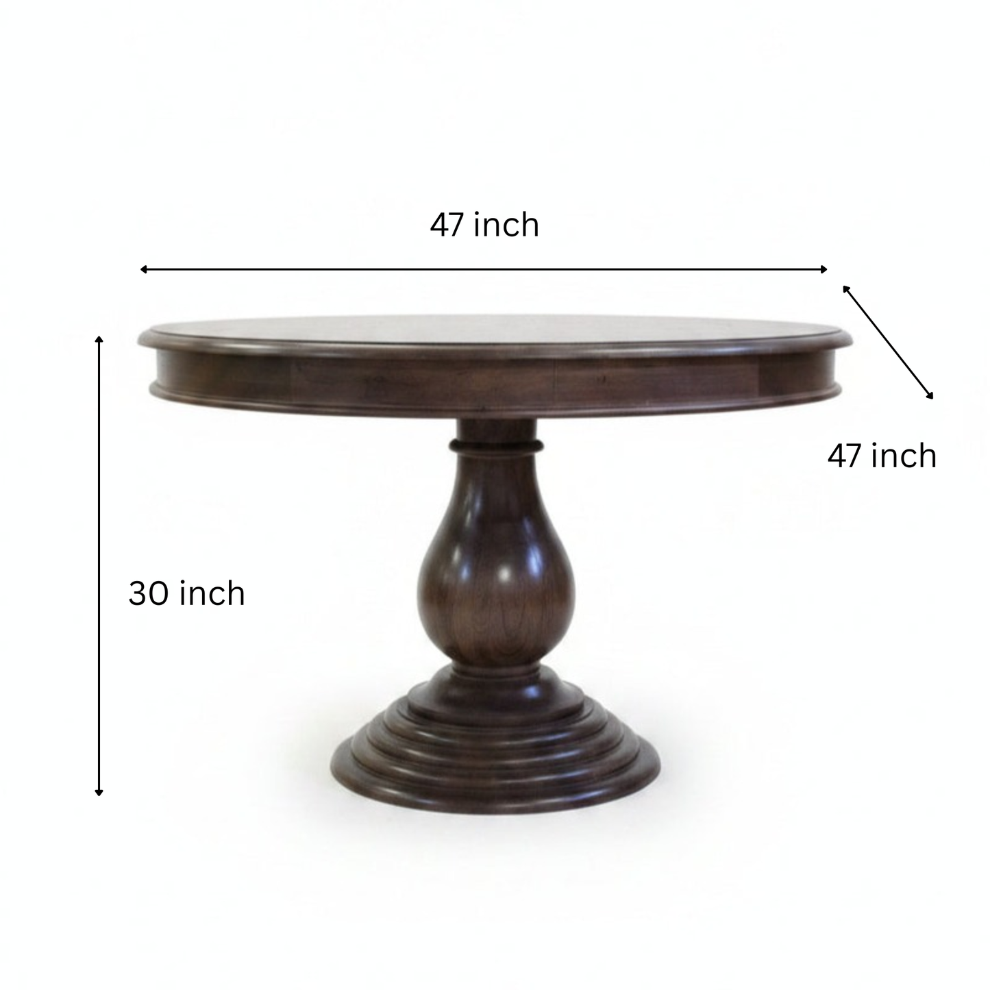 Elegant round wooden dining table with a polished dark finish, featuring a sturdy carved pedestal base, reflecting handcrafted tribal decor artistry.