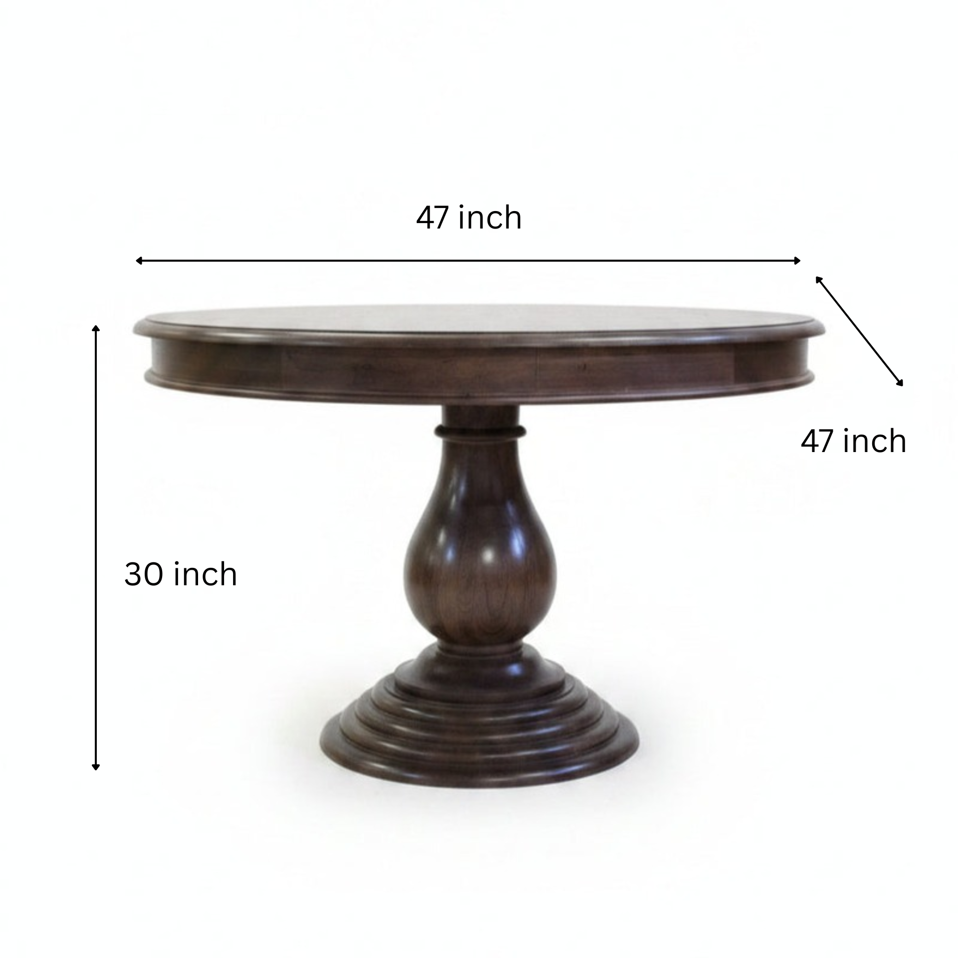 Elegant round wooden dining table with a polished dark finish, featuring a sturdy carved pedestal base, reflecting handcrafted tribal decor artistry.