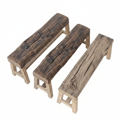 Three Heritage Timber Benches crafted from rustic wooden planks, showcasing natural wood grain and texture, ideal for adding handcrafted timber decor to any space.