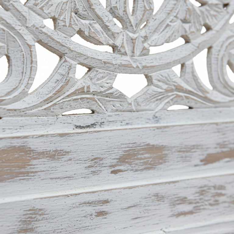 Hand-carved distressed white wooden panel with intricate floral tribal design