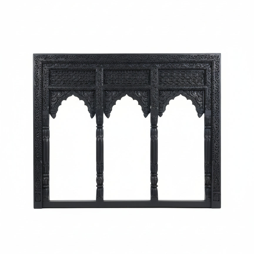 Jharokha Wall Hanging – a stunning handicraft decor piece featuring an ornate black carved wooden frame with three arched openings, detailed floral and geometric patterns, and decorative columns, set against a plain white background.