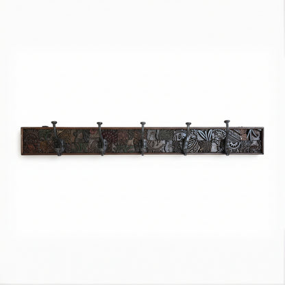 Karigar Block Coat Rack featuring a long wooden panel with intricate tribal handicraft patterns and six metal hooks, perfect for stylish decor and functional use.