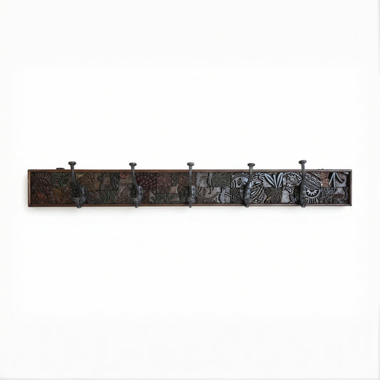 Karigar Block Coat Rack featuring a long wooden panel with intricate tribal handicraft patterns and six metal hooks, perfect for stylish decor and functional use.