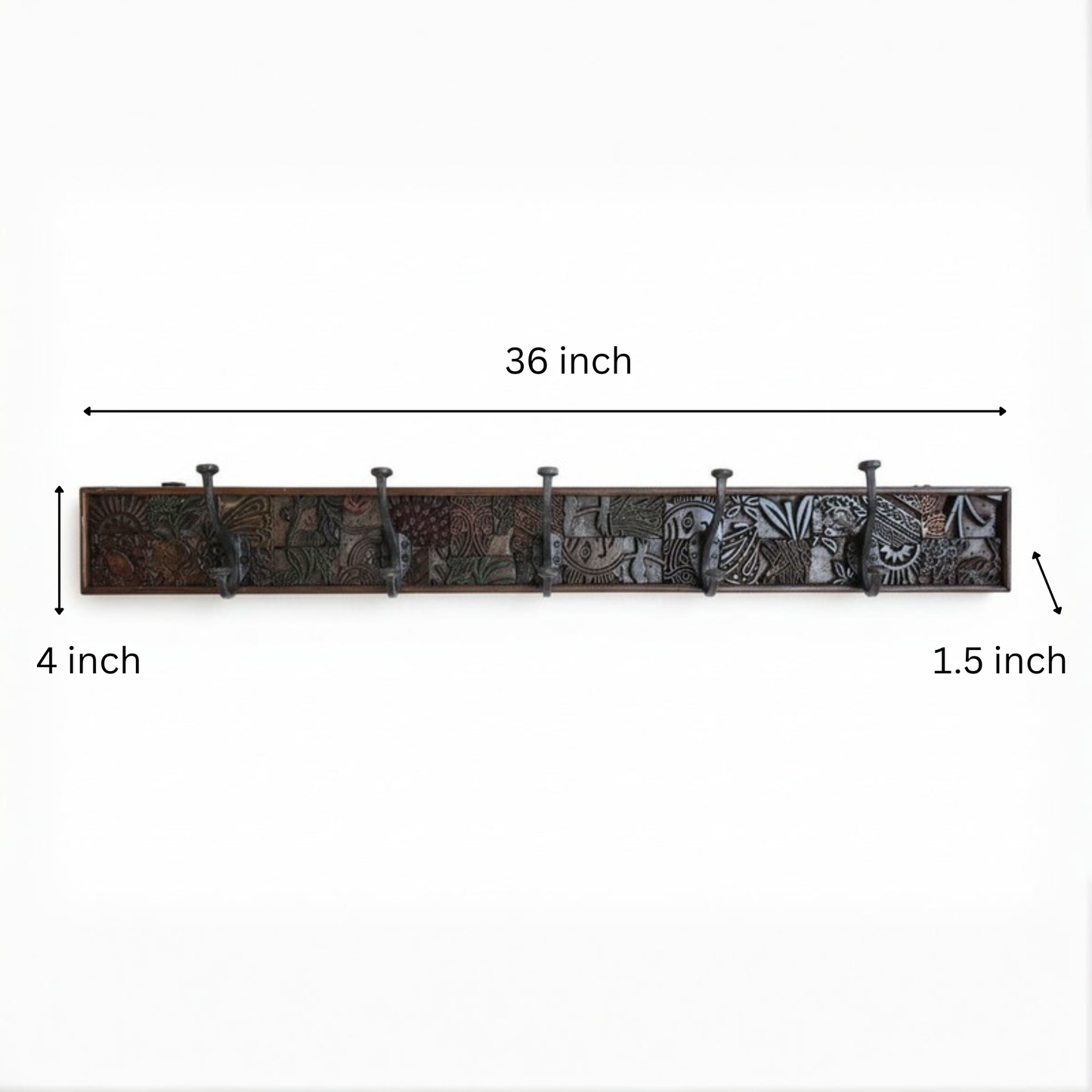 Karigar Block Coat Rack featuring a long wooden panel with intricate tribal handicraft patterns and six metal hooks, perfect for stylish decor and functional use.