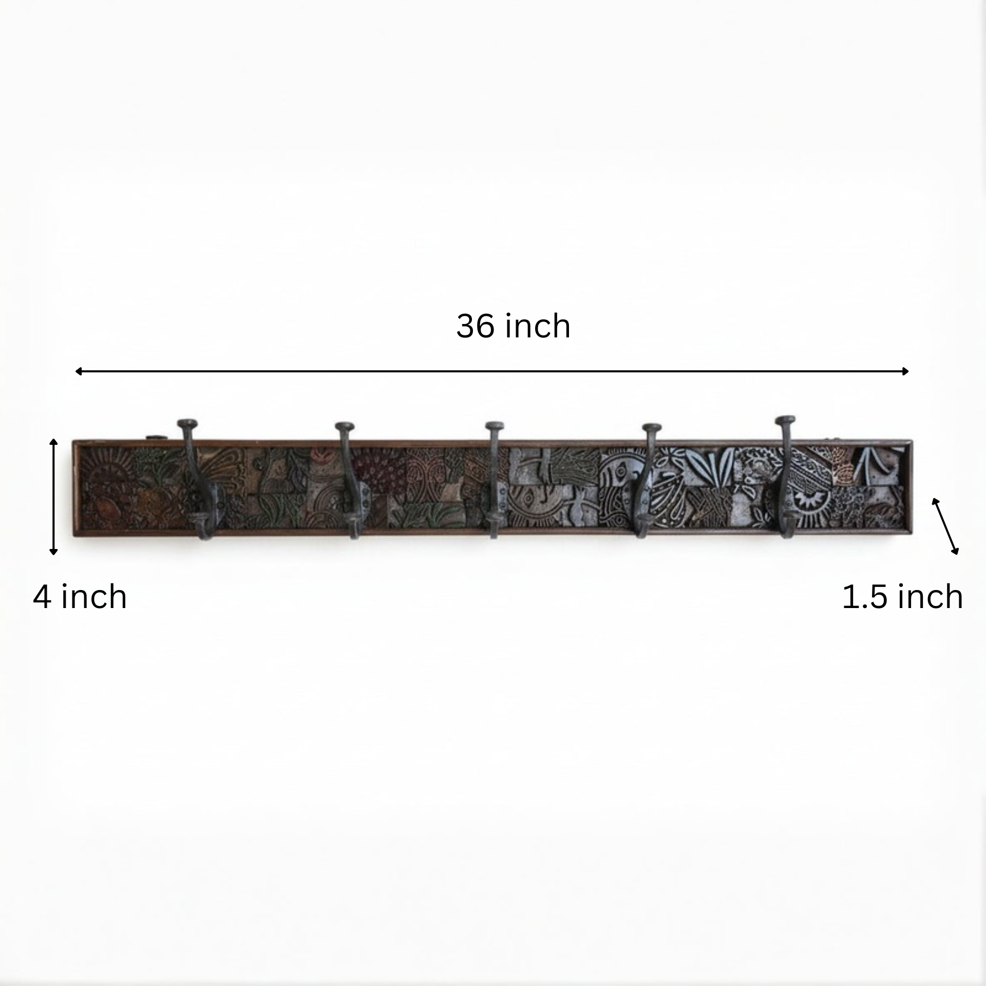 Karigar Block Coat Rack featuring a long wooden panel with intricate tribal handicraft patterns and six metal hooks, perfect for stylish decor and functional use.