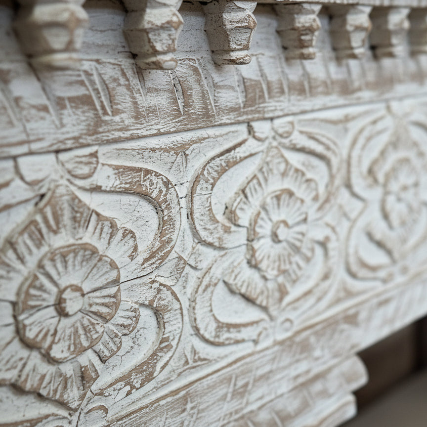 Hand-carved wooden floral pattern with distressed white finish, tribal home decor accent