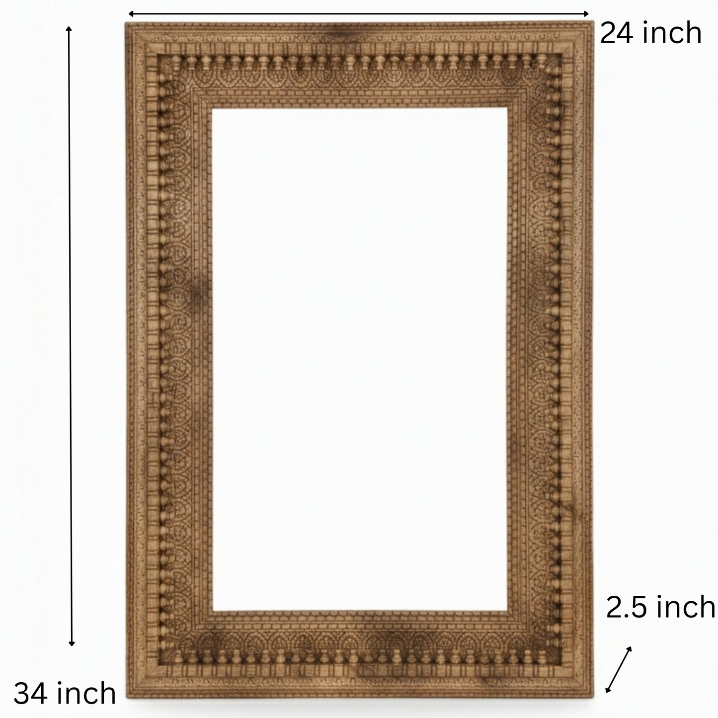 Handcrafted wooden photo frame with intricate tribal carving and natural finish