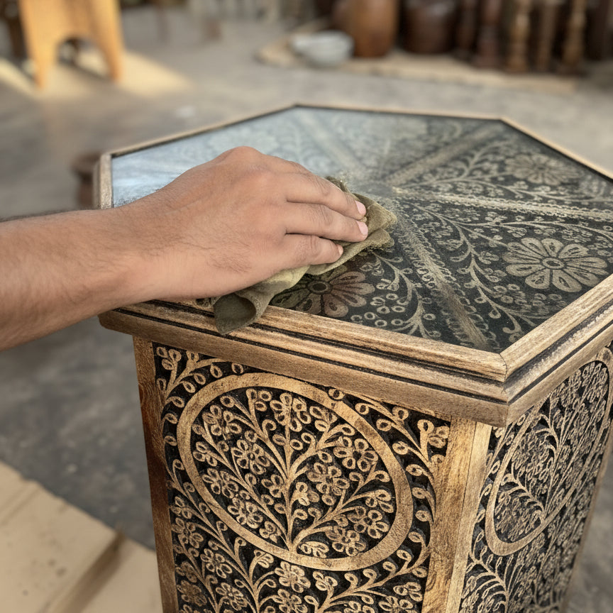 Hand polishing intricately carved wooden tribal handicraft table with floral patterns