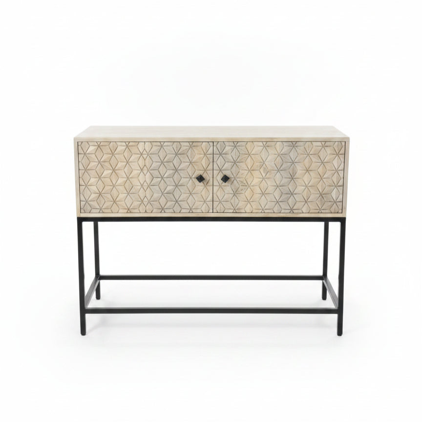 Handcrafted wooden bar cabinet with intricate tribal-inspired geometric patterns, featuring a sturdy metal frame and two doors for elegant storage and decor.