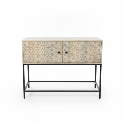 Handcrafted wooden bar cabinet with intricate tribal-inspired geometric patterns, featuring a sturdy metal frame and two doors for elegant storage and decor.