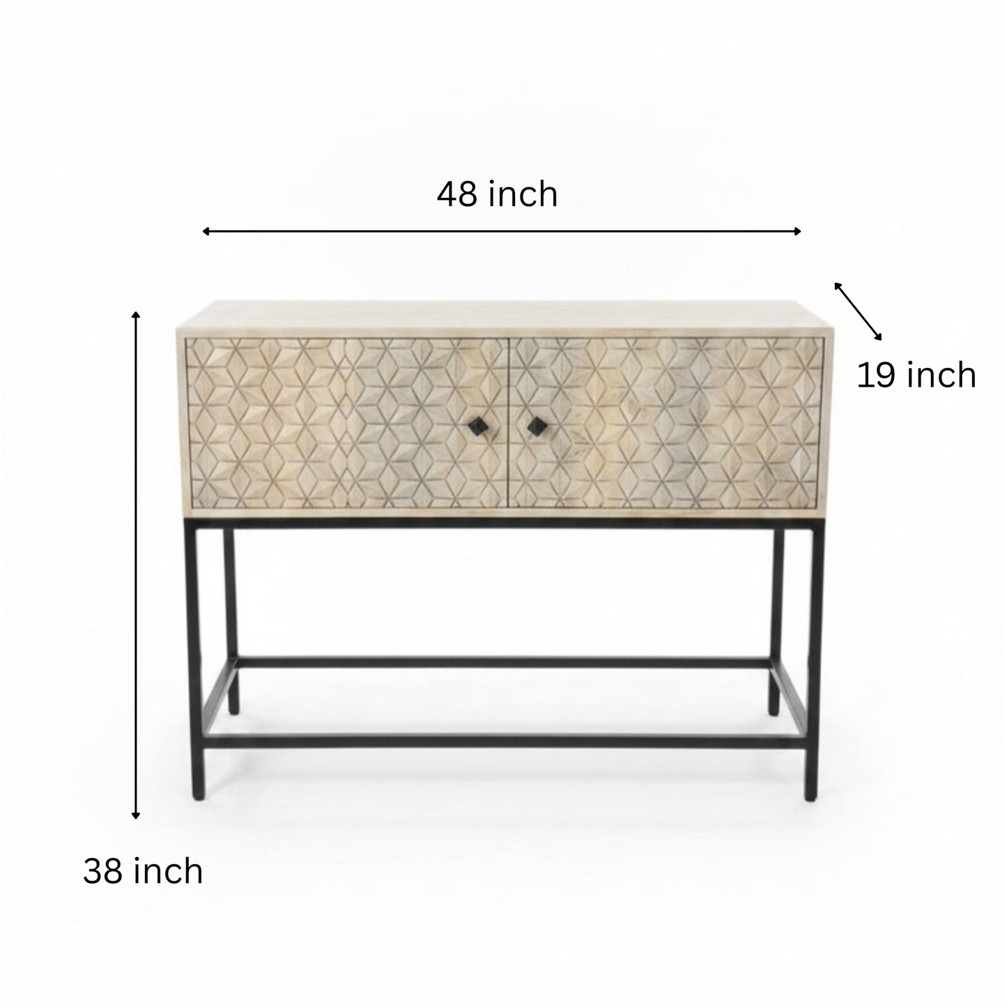 Handcrafted wooden bar cabinet with intricate tribal-inspired geometric patterns, featuring a sturdy metal frame and two doors for elegant storage and decor.