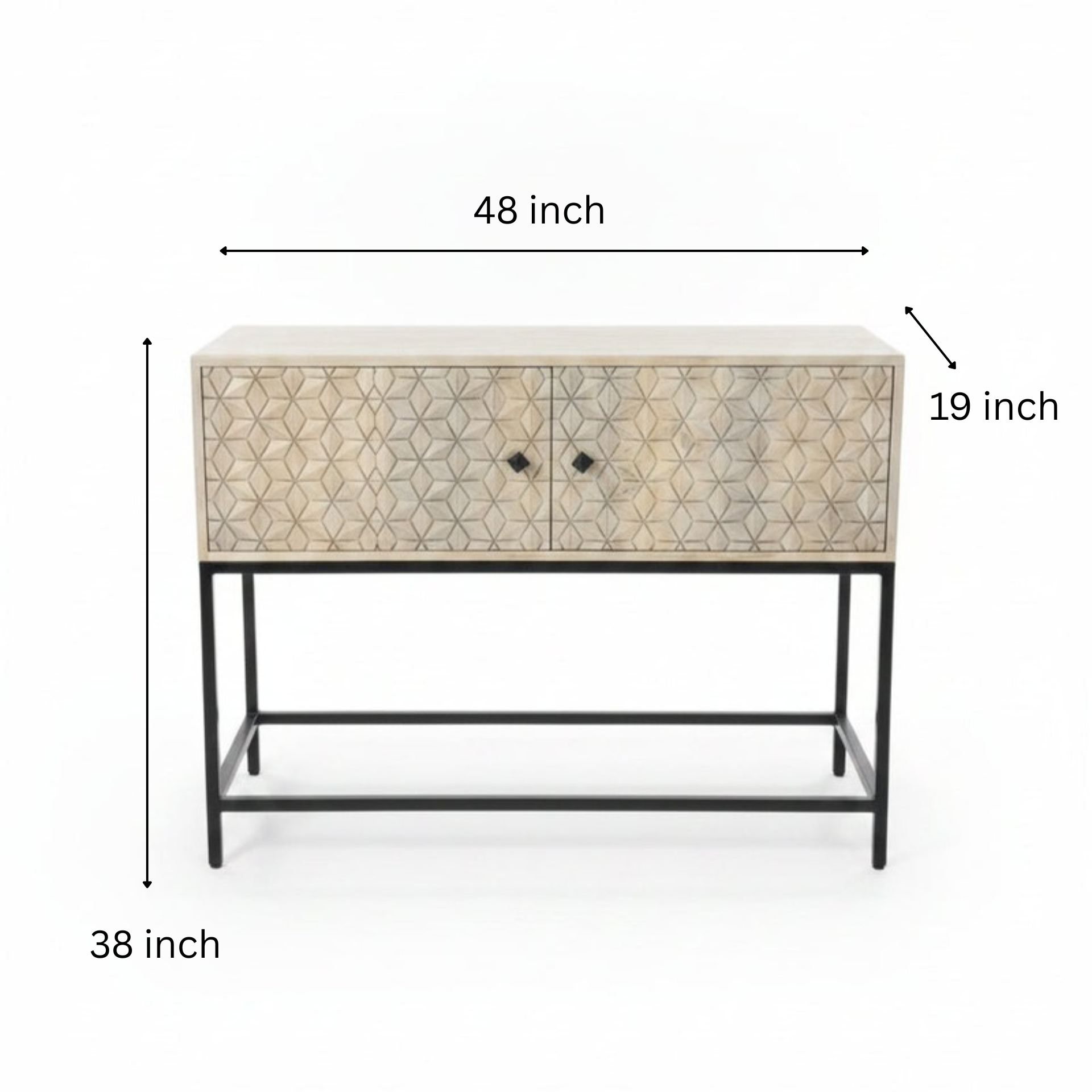Handcrafted wooden bar cabinet with intricate tribal-inspired geometric patterns, featuring a sturdy metal frame and two doors for elegant storage and decor.