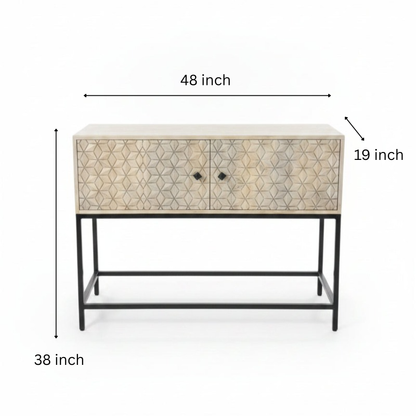 Handcrafted wooden bar cabinet with intricate tribal-inspired geometric patterns, featuring a sturdy metal frame and two doors for elegant storage and decor.