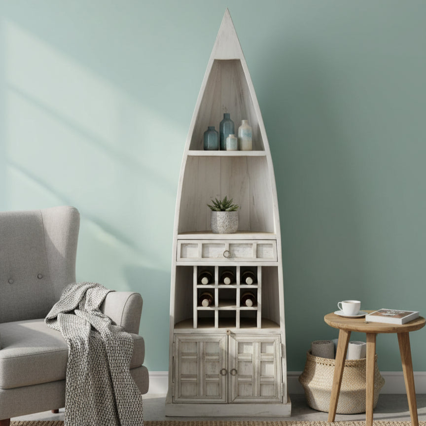 Navic Boat Display Unit designed as a wooden boat-shaped shelving unit with multiple compartments, drawers, and wine storage, placed in a cozy living room setting.