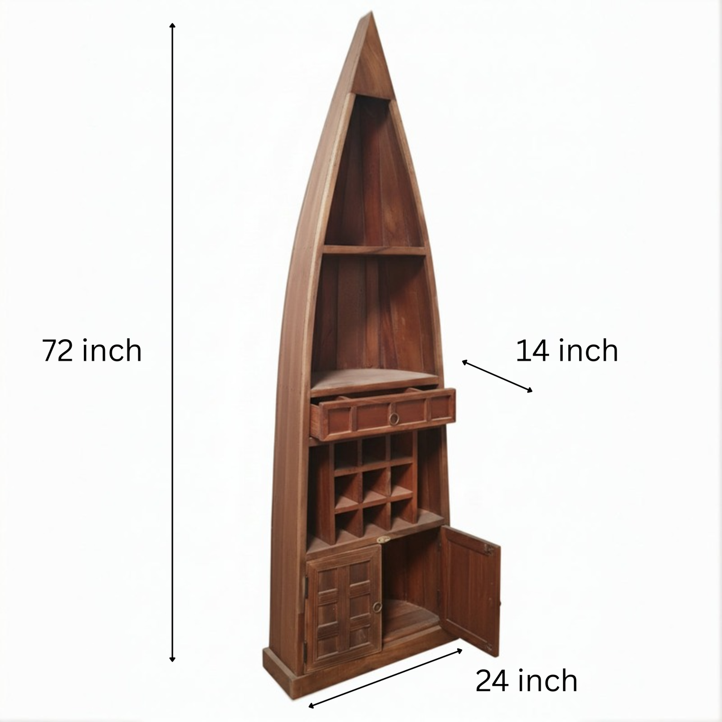Wooden boat-shaped shelf with open cabinet, drawers, and wine rack compartments