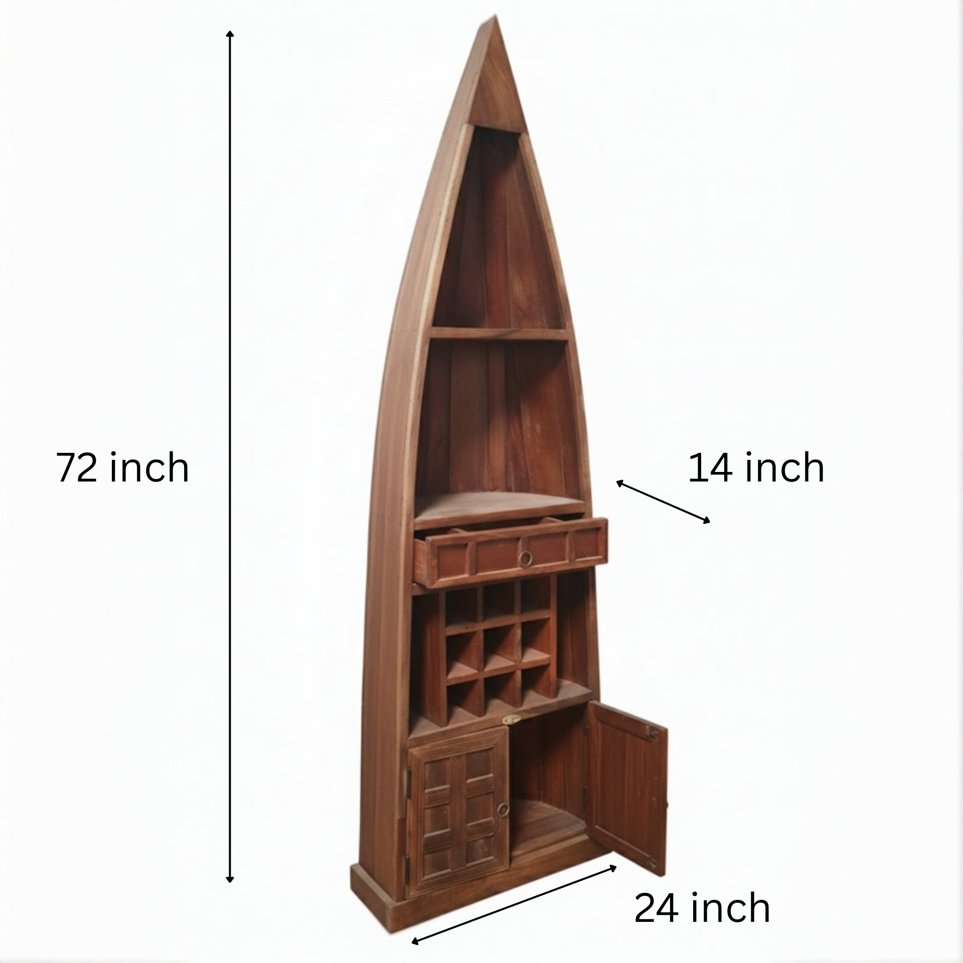 Wooden boat-shaped shelf with open cabinet, drawers, and wine rack compartments