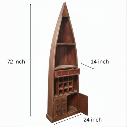Wooden boat-shaped shelf with open cabinet, drawers, and wine rack compartments