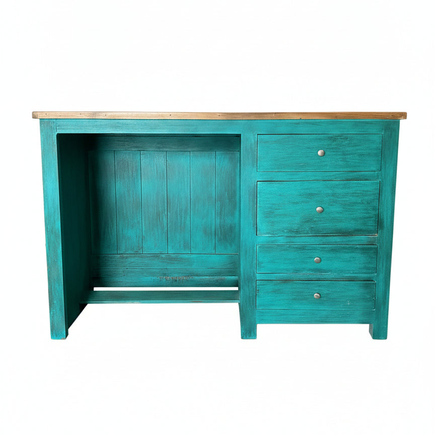 Neelkamal Service Counter made of wooden material featuring a vibrant turquoise finish with three drawers on the right side and a natural wood top surface.