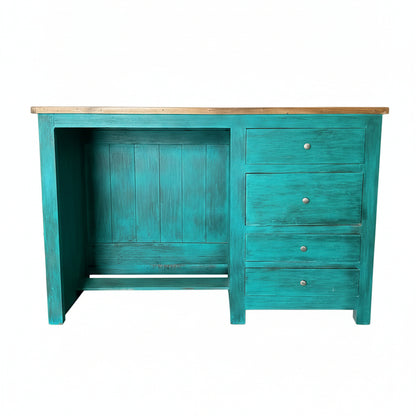 Neelkamal Service Counter made of wooden material featuring a vibrant turquoise finish with three drawers on the right side and a natural wood top surface.