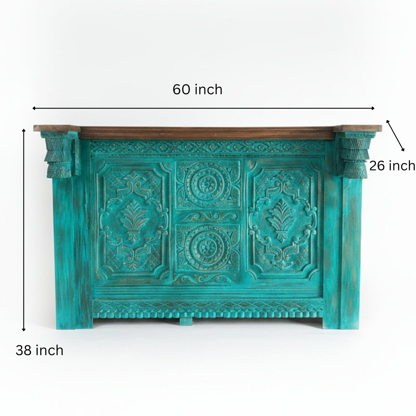 Handcrafted wooden service counter in turquoise with intricate tribal carvings and a contrasting dark wood top, showcasing unique decor and artisanal quality.