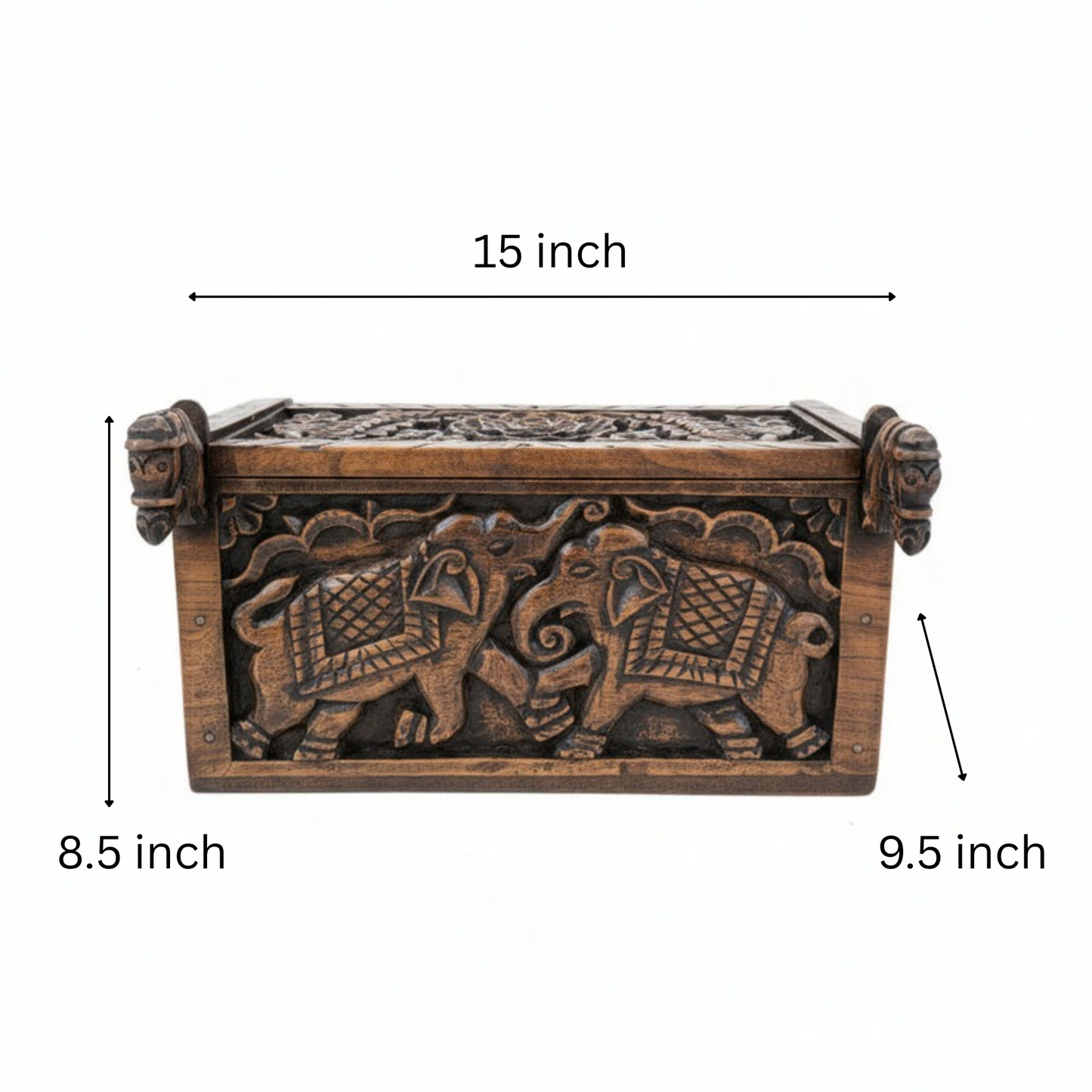 Handcrafted wooden box with carved elephant design, tribal handicraft decor