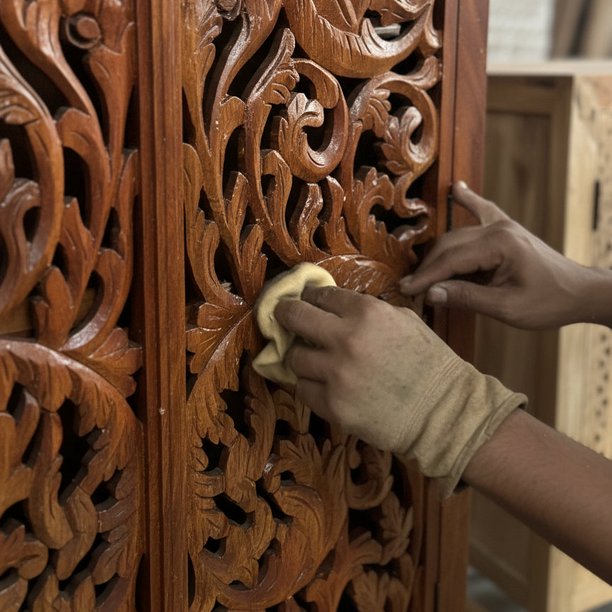 Hand polishing carved wooden panel with intricate tribal floral design