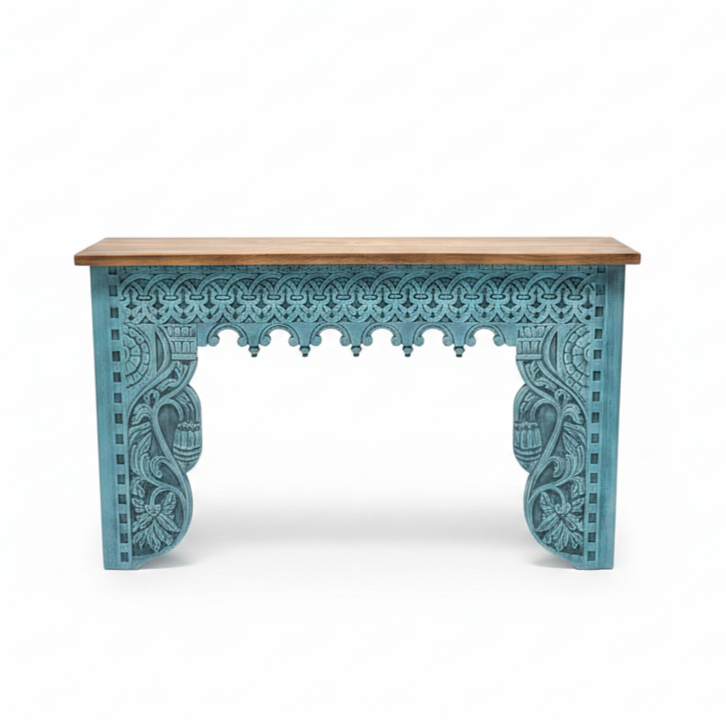 Rani Carved Console Unit featuring intricate wooden tribal handicraft design with turquoise painted detailed carvings and a natural wood top, ideal for elegant decor.