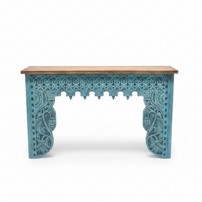 Rani Carved Console Unit featuring intricate wooden tribal handicraft design with turquoise painted detailed carvings and a natural wood top, ideal for elegant decor.