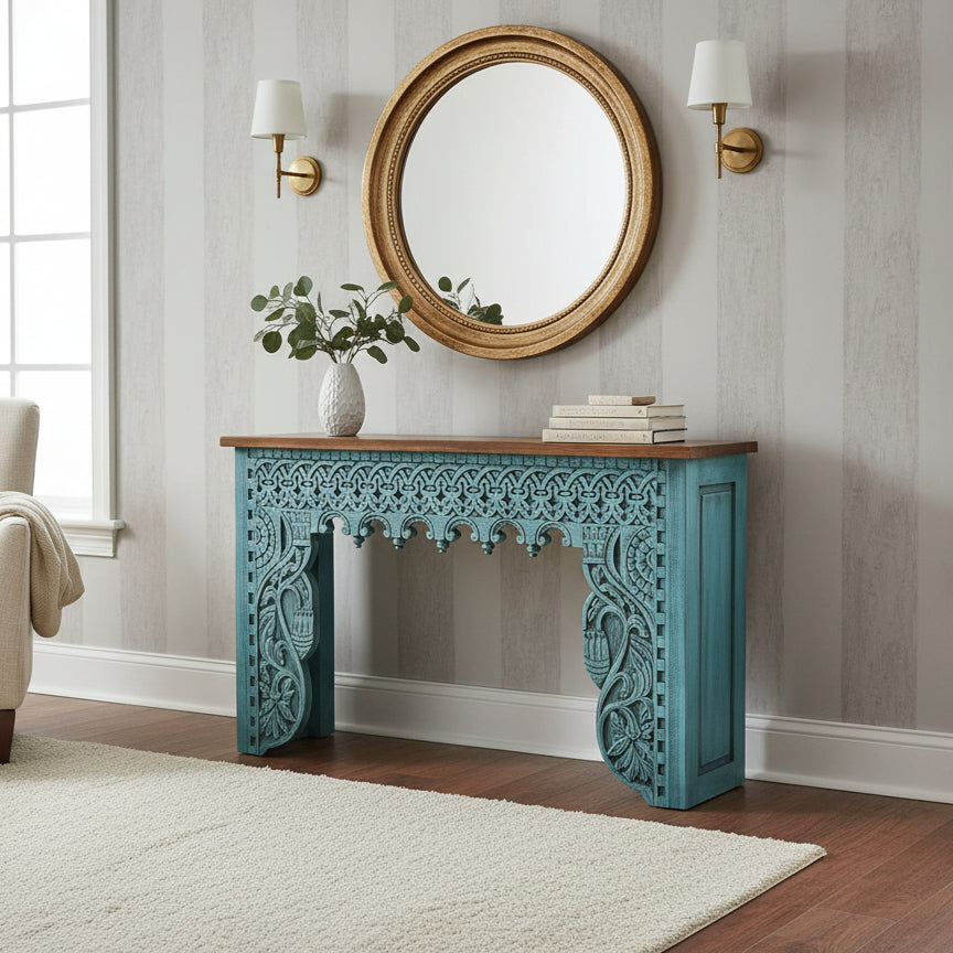 Rani Carved Console Unit in vibrant blue with intricate wooden hand-carved details, styled with a round mirror, decorative vase, and books in a cozy living room setting.