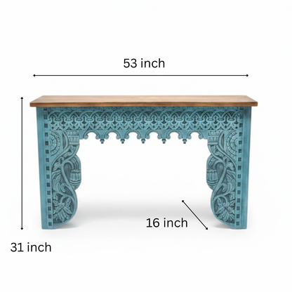 Rani Carved Console Unit featuring intricate wooden tribal handicraft design with turquoise painted detailed carvings and a natural wood top, ideal for elegant decor.