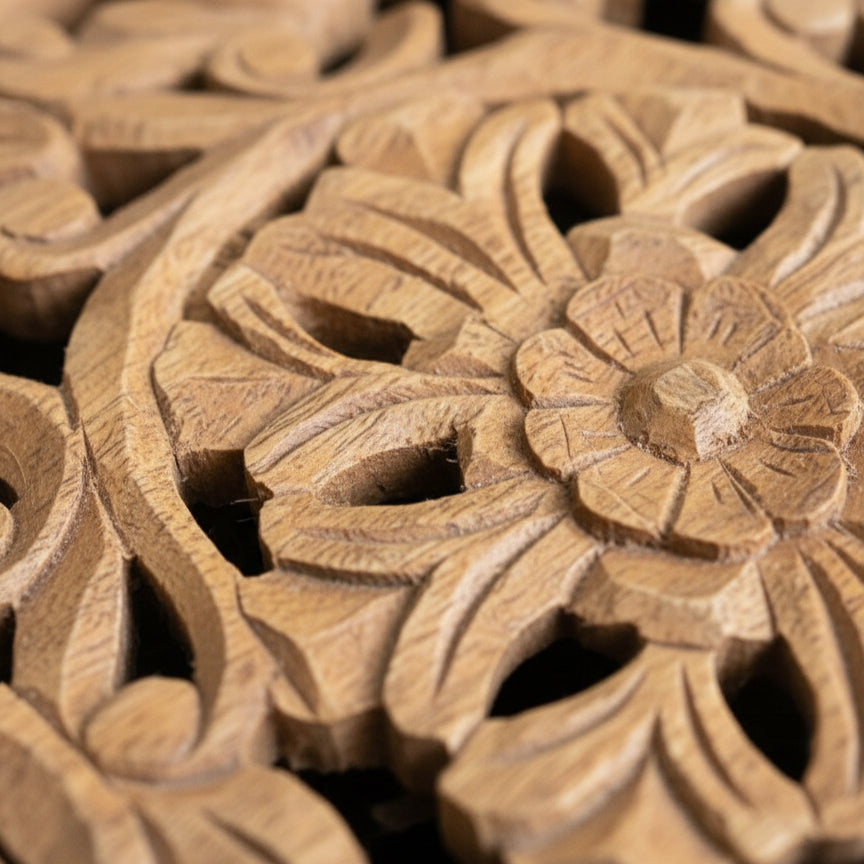 Hand-carved wooden floral pattern, intricate tribal handicraft decor
